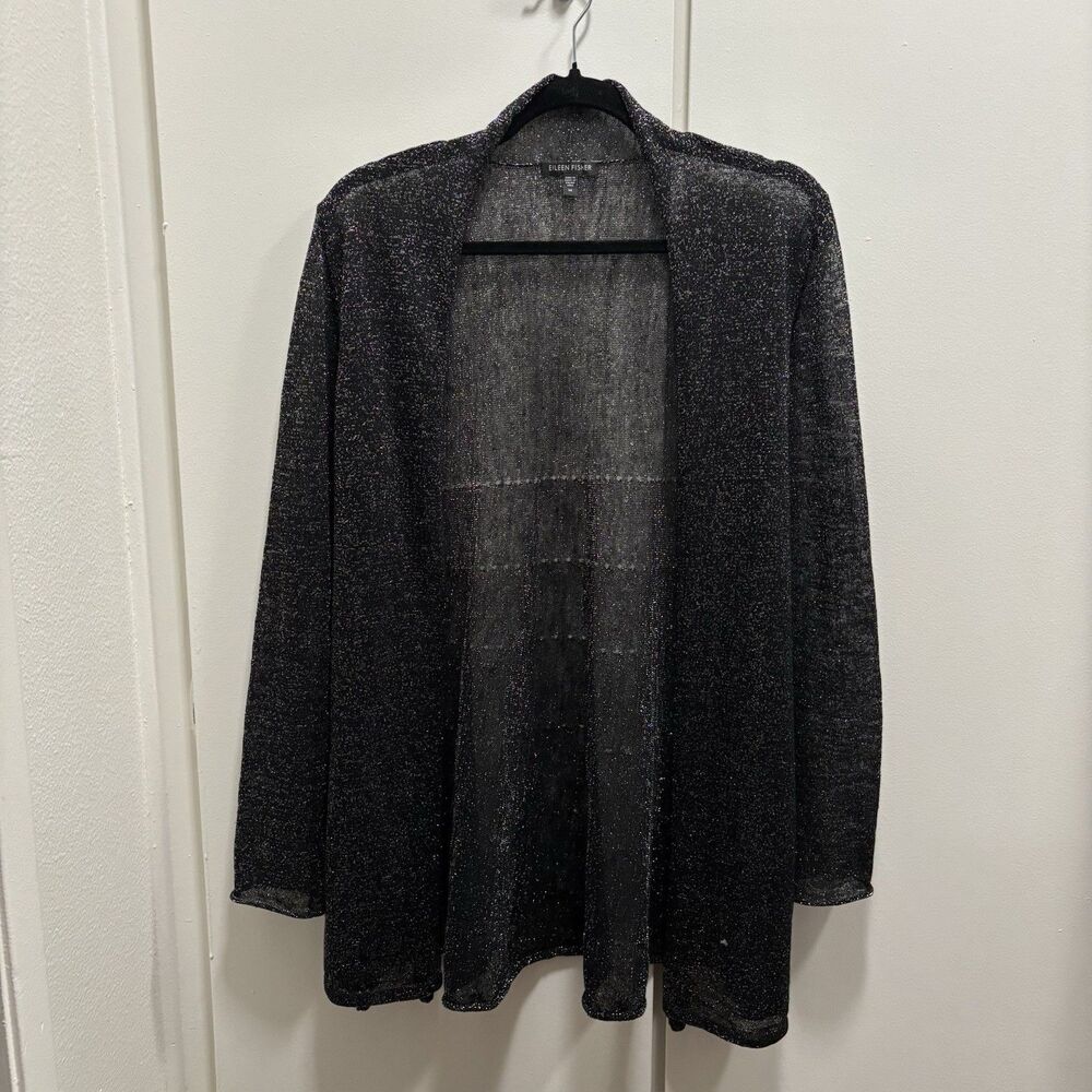 Eileen Fisher Sz Medium Metallic Black Shimmer Linen Blend Open Front Cardigan